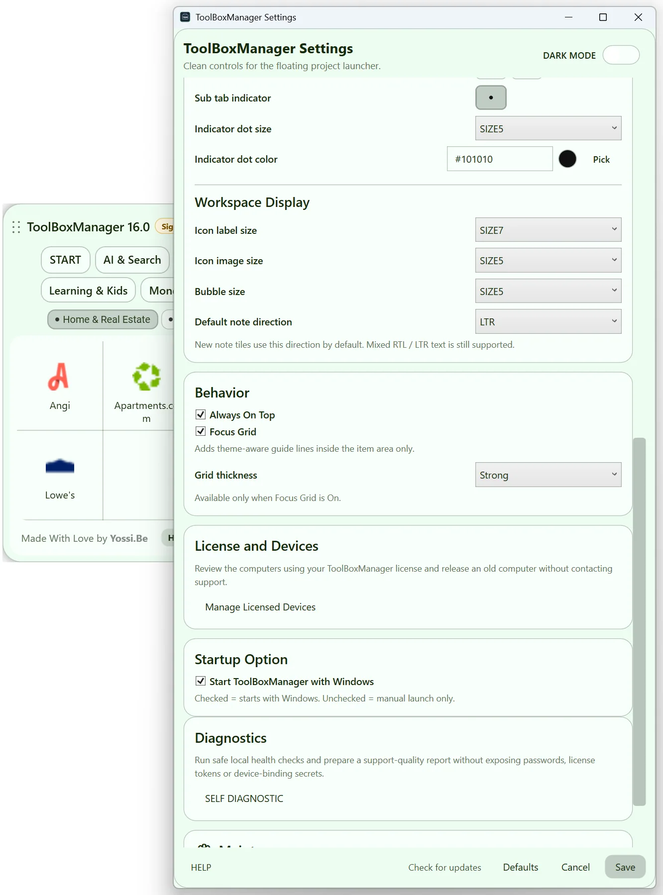 ToolBoxManager V16 screen related to Minimize to the Bubble and restore the window
